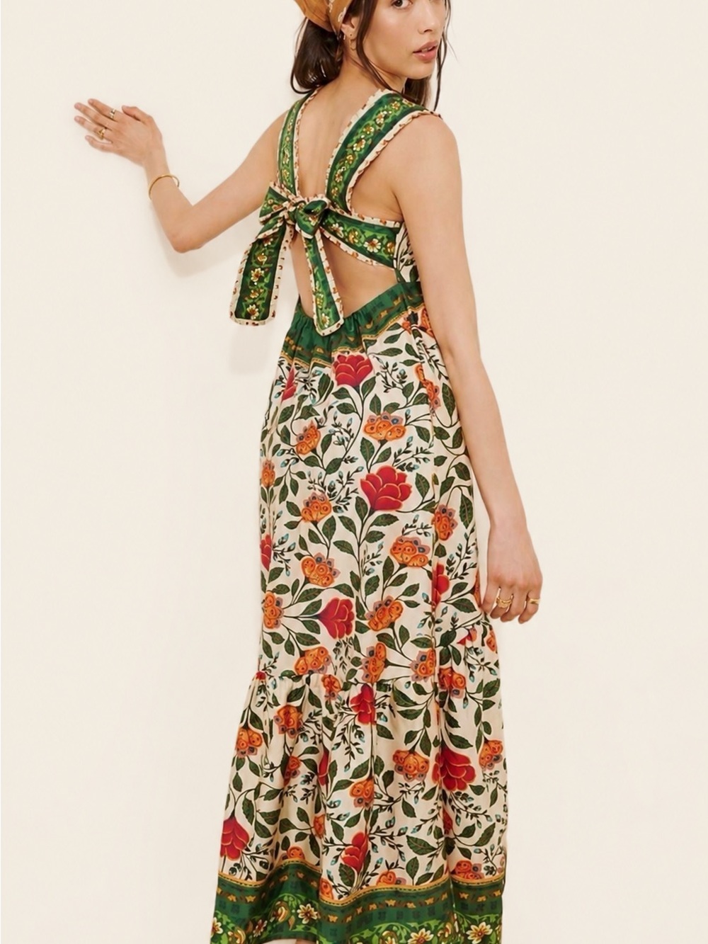 FARM Rio Maxi Dress Cream Green Floral Sand Garden Tapestry Back Bow XS - Picture 7 of 7